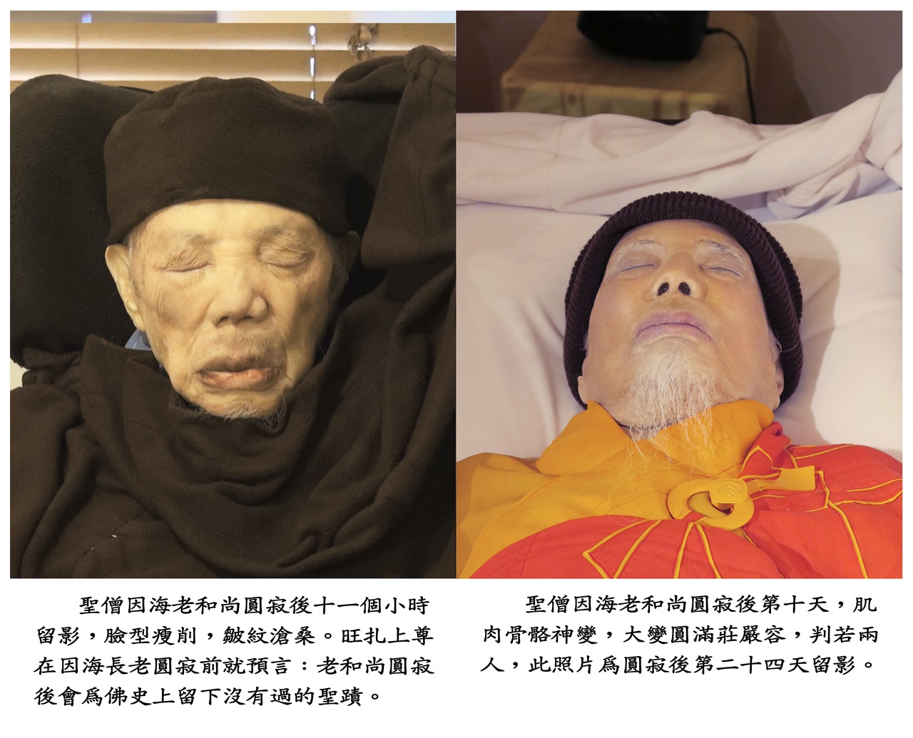 因海長老圓寂後十一個小時的乾瘦蒼老、皺紋深陷的照片,和圓寂後二十四天的圓滿豐潤莊嚴照片對比,完全神變成了不同的兩個人,這是佛史上真正出現的第一尊真正金剛肉身舍利